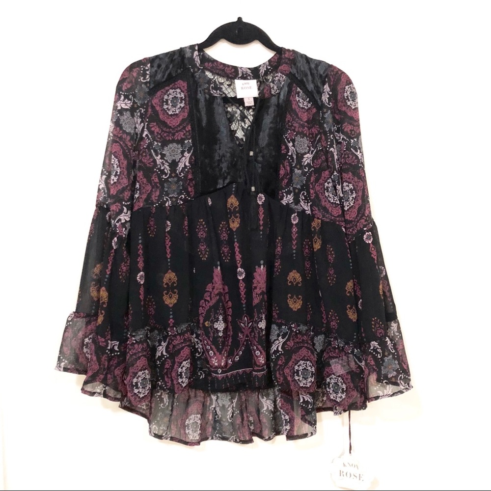 KNOX ROSE Boho Tassel Blouse Small Velvet Lace